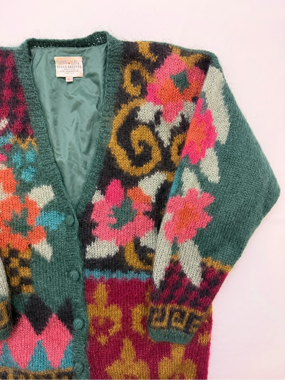 Vintage 90s Susan Bristol Mohair Floral Cardigan Women L Multicolor Boho Sweater - Picture 4 of 10